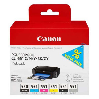 Canon PGI-550/CLI-551 (6496B005), originálny atrament, PGBK/C/M/Y/BK/GY, Multipack