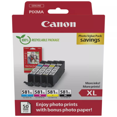 Canon CLI-581XL (2052C006), originálny atrament, CMYK, 4 x 8,3 ml, XL +PP-201 50 listů